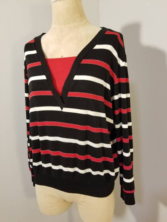 VINTAGE STRIPED SHIRT // 80's Black Red White V N… - image 5