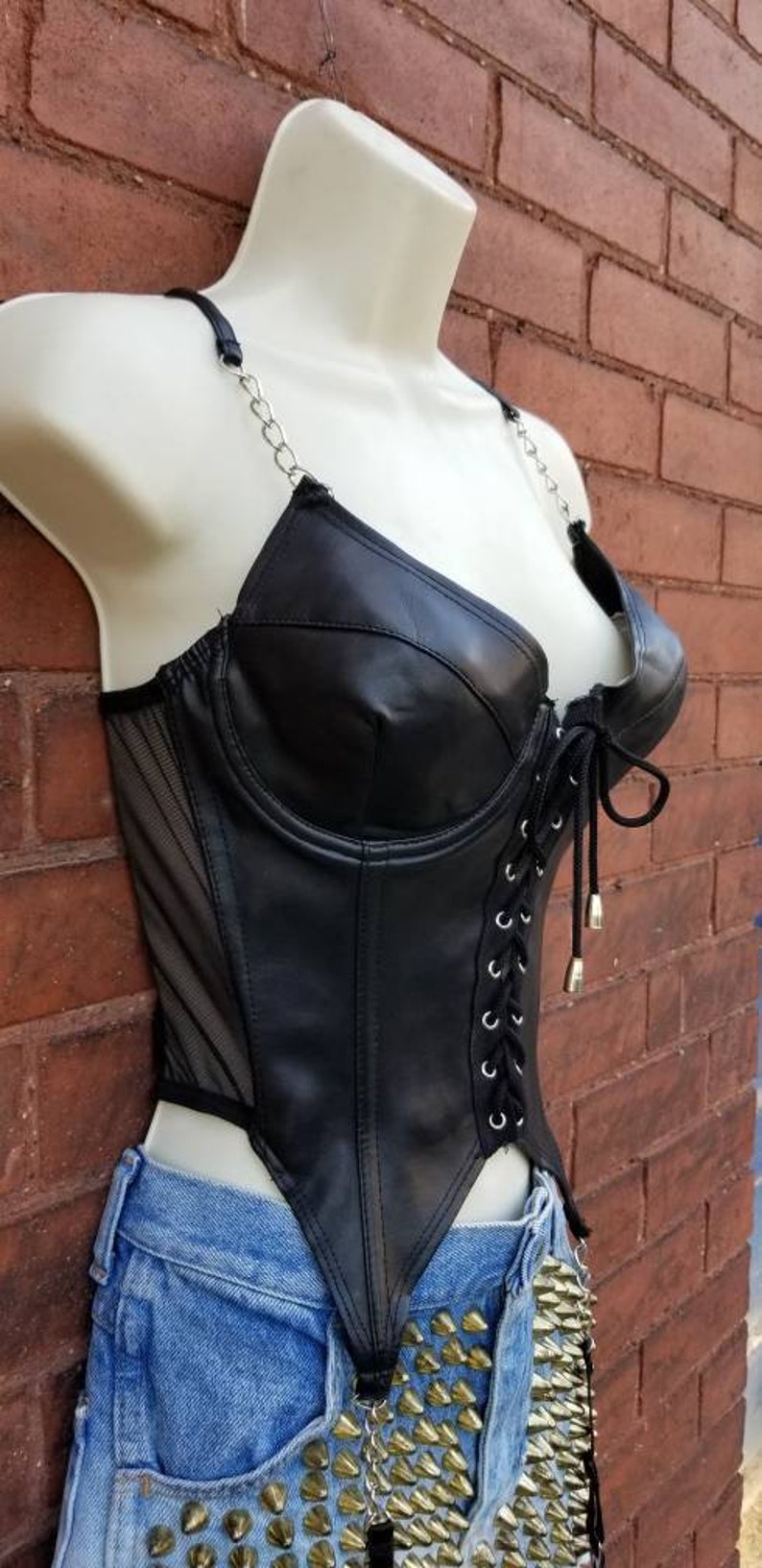 CHAIN LEATHER BODYSUIT Black Mesh Frederick/'s Of Hollywood S/&M Lace Up Underwire Bra Dancer Goth Witch Dominatrix Dancer 90/'s Garter Belt 36
