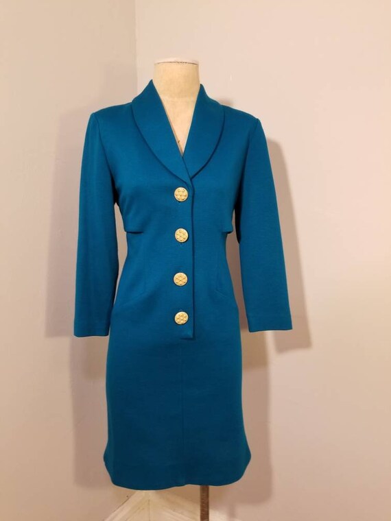 POSITIVE ATTITUDE DRESS // Vintage 80's Teal Blue Gold Studded Button Down Size m/l 90's Work Office Modern Contemporary Boss Preppy Retro