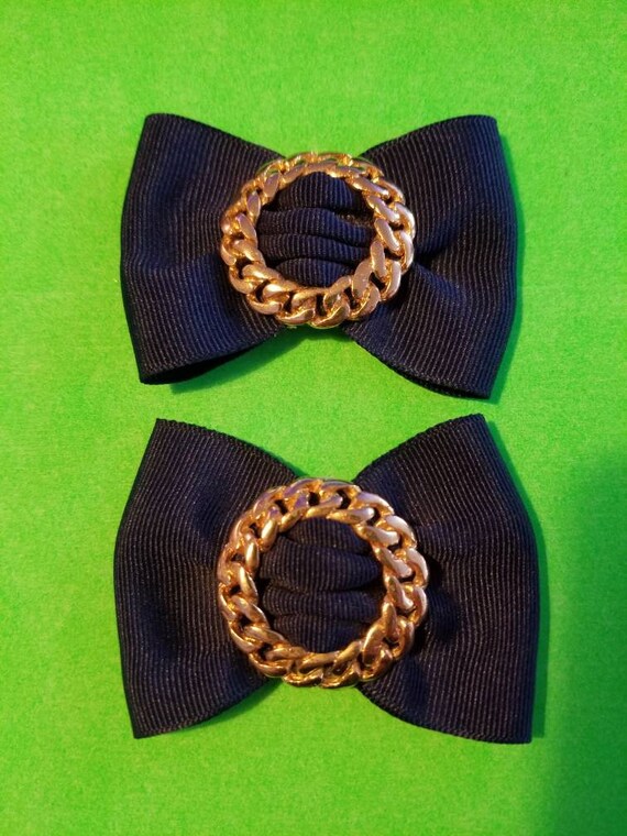 NAVY SHOE CLIPS // Vintage Bow Gold Chain Accents Cli… Gem