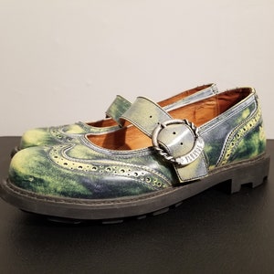 JOHN FLUEVOG SHOES // Wingtip Rockabilly Blue and Green Mary Janes Women's Preppy Hipster Artistic Punk Leather Rare Poland Buckle Flats Mod image 1