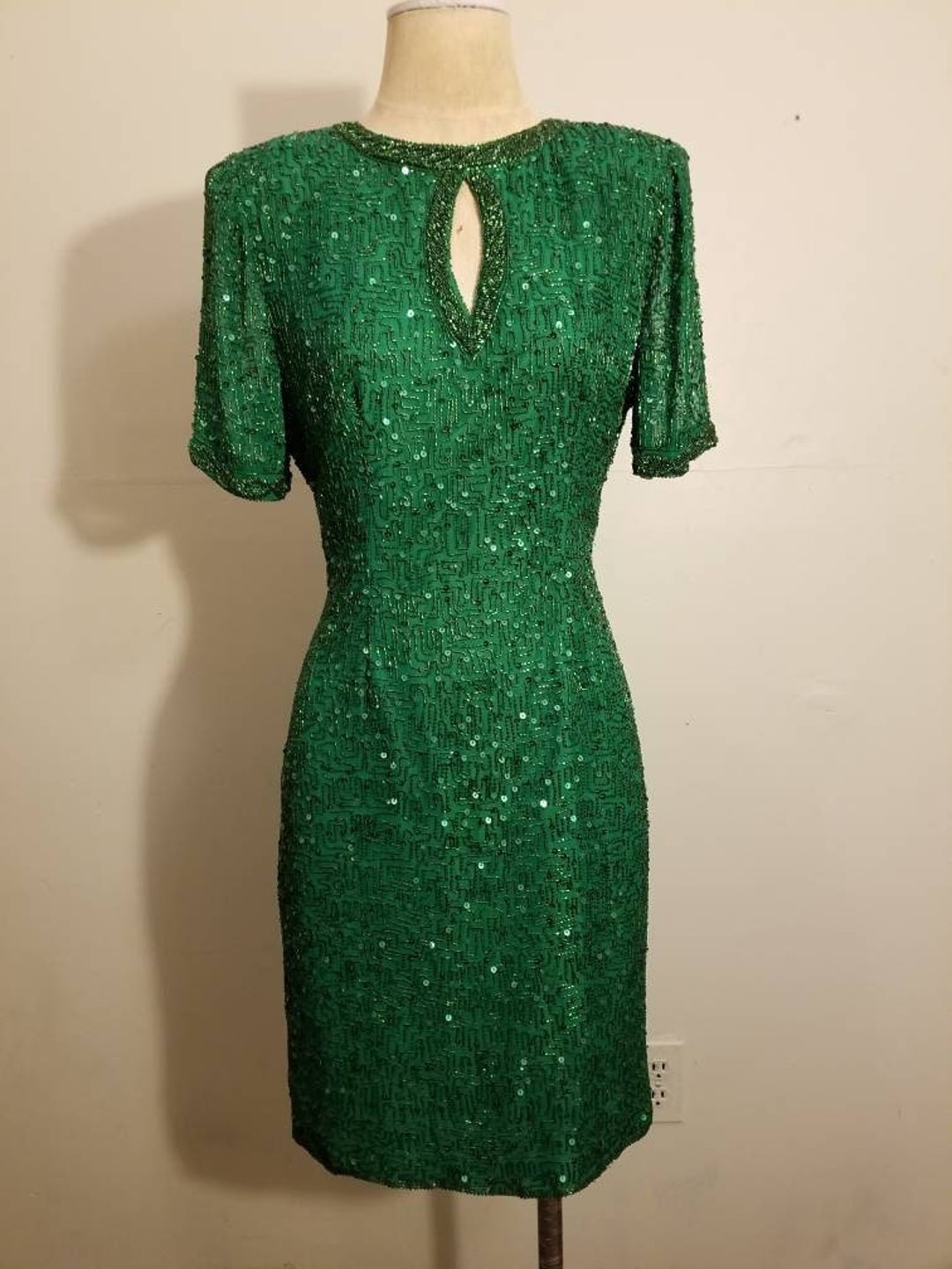 Neiman Marcus Dress // Gorgeous Couture Beaded Sequin Silk Dress Emerald Bright Green Vintage Party New Years Wedding 80s One of A Kind 90s