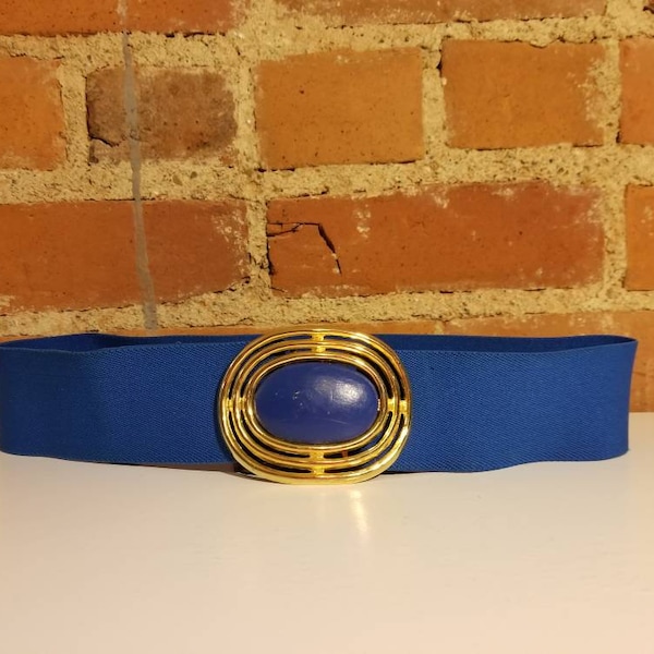 DAY-LOR BELT // Vintage Blue 80's Modern Circular Metal Gold Elastic Disco 70's Size M/L Waist Trimmer Cincher Disco Studio 54 Stretch Retro