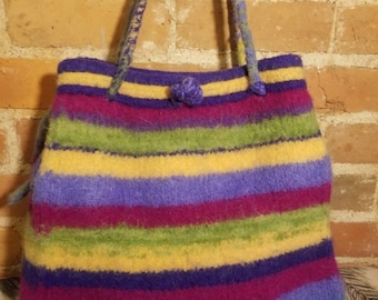 FELTED WOOL PURSE // Handmade Felt Tightly Woven Knit Large Carry All On Shoulder Bag Crafts Festival Rainbow Striped Hippie Burner Gift