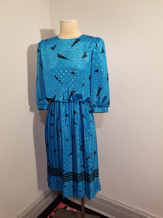 VINTAGE BLUE DRESS / 80's Geometric Print Shirtwa… - image 6