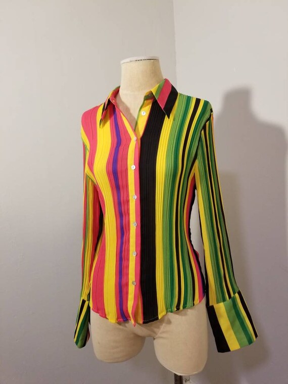 RAINBOW STRIPED BLOUSE // 90's Colorful Striped V… - image 2