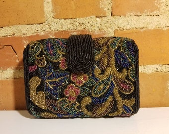 NOT FOR SALE // Beaded Box Purse Gorgeous 80's Vintage Cocktail Clutch Prom Homecoming Wedding Retro 90's Formal Black Tie Leaf Flower