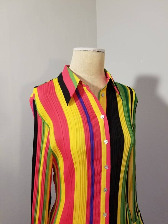 RAINBOW STRIPED BLOUSE // 90's Colorful Striped V… - image 6