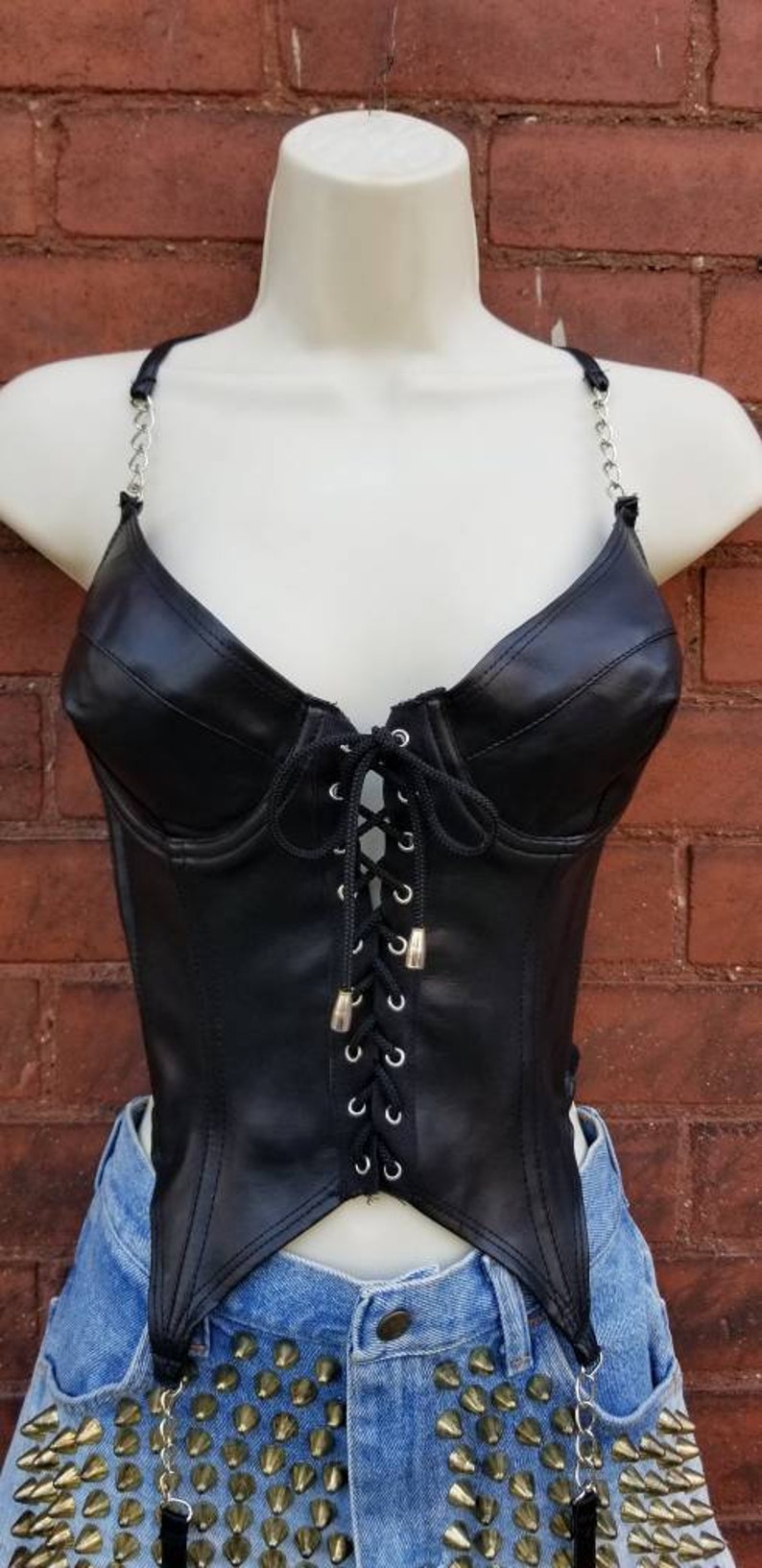 CHAIN LEATHER BODYSUIT Black Mesh Frederick/'s Of Hollywood S/&M Lace Up Underwire Bra Dancer Goth Witch Dominatrix Dancer 90/'s Garter Belt 36