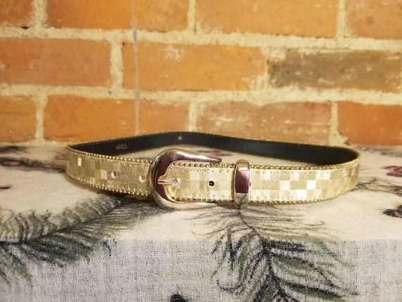 METALLIC GOLD BELT // Vintage Gold Geometric Checkered Studded