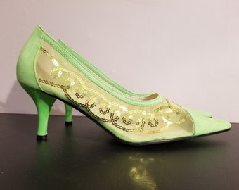 NEON GREEN HEELS // 90's Vintage Ey Couture Mesh Gold Sequin Lime Green Church Colorful Party Wedding 80's Holiday New Year's Spring Easter