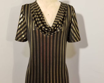 BLACK & GOLD STRIPED Top // 90's Metallic Striped Draped Cowl Neck Shirt Short Sleeve Glam Rock 2000's Hipster Y2K Festival Club Wear Party