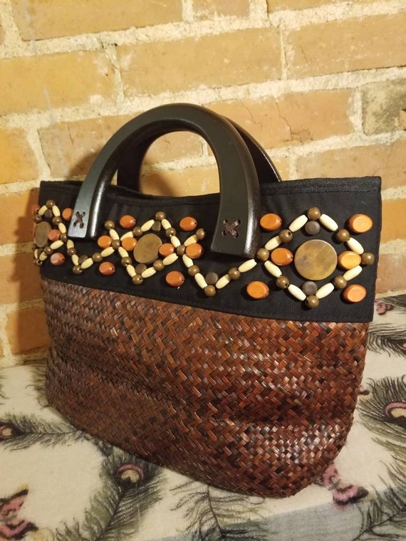 SUN N SAND PURSE // Vintage Woven Brown Straw Bea… - image 3