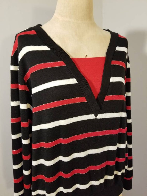 VINTAGE STRIPED SHIRT // 80's Black Red White V N… - image 3