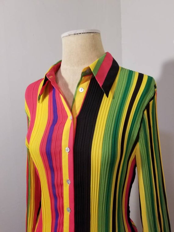 RAINBOW STRIPED BLOUSE // 90's Colorful Striped V… - image 3