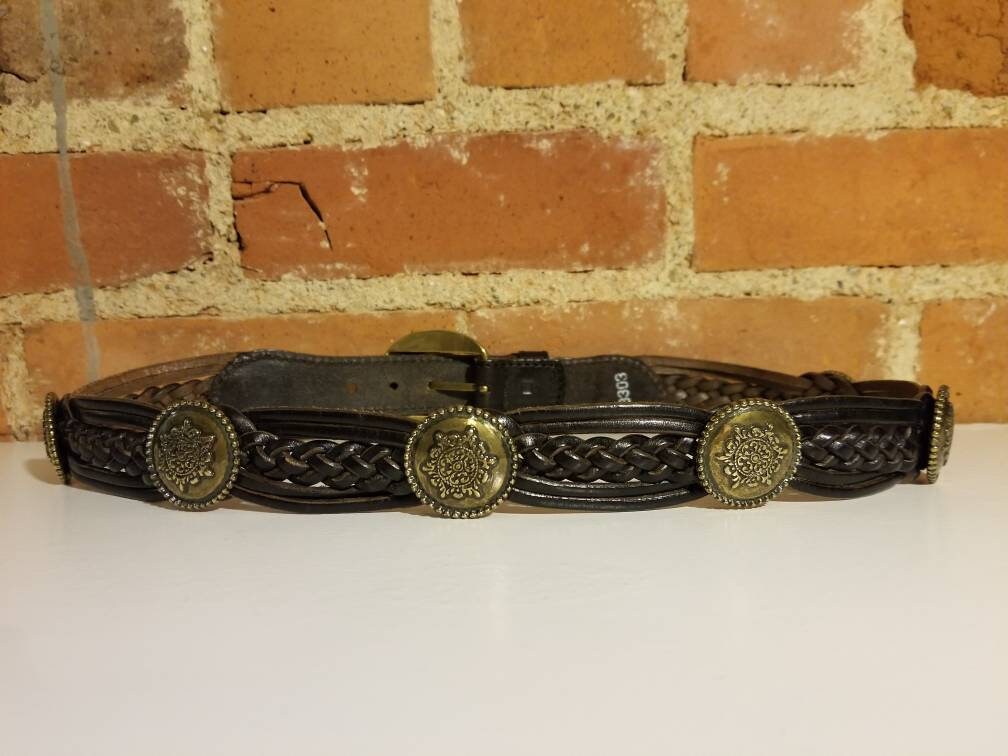 VINTAGE BROWN LEATHER BELT BOHO FESTIVAL BRAIDED GOLD MEDALLIONS 90S WESTERN VTG Abercrombie & Fitch Womens Belt Size Medium Brown Braided  main image 4