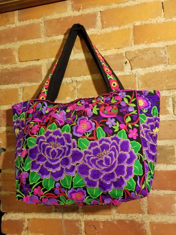 EMBROIDERED SHOPPER BAG // Vintage Purple Hot Pin… - image 6