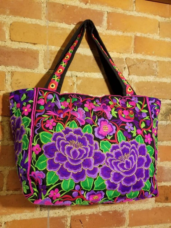 EMBROIDERED SHOPPER BAG // Vintage Purple Hot Pin… - image 2