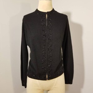 FASHIONS By TONI CARDIGAN Sweater // Vintage 50's Black Beaded Wool Retro Miami Beach California Size M Housewife Rockabilly Funeral Goth