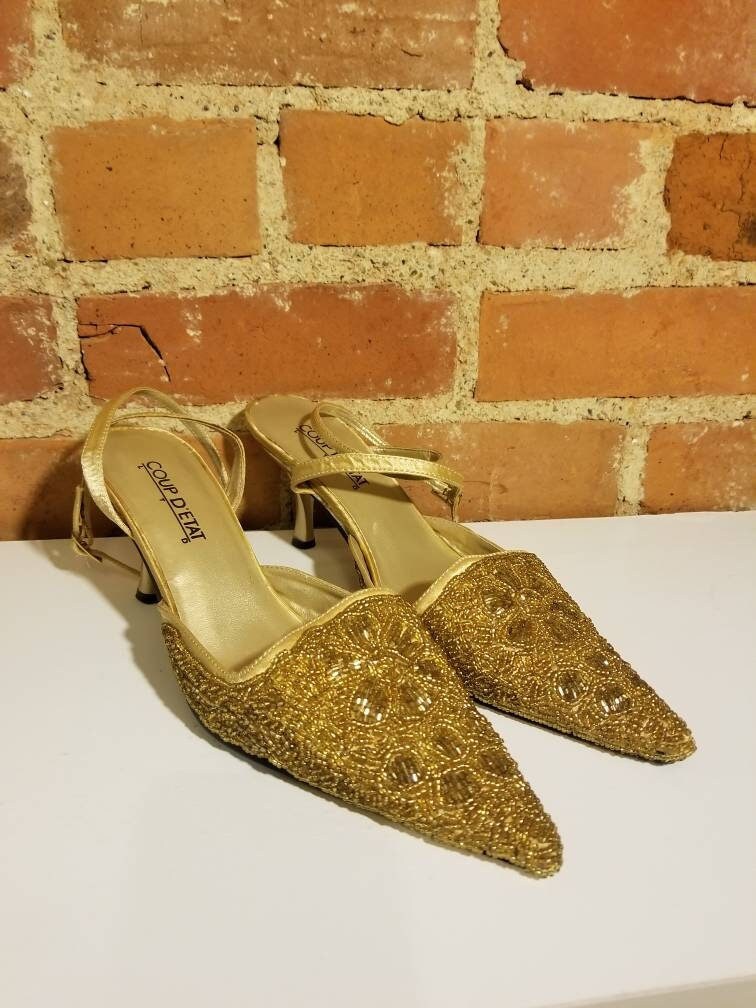 NOT FOR SALE Gold Beaded Heels Coup D etate Ltd Queen Princess Heels Metallic Gold Pointy Ankle Buckle Straps Heels Wedding Size 7 Bride Etsy