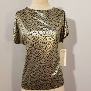 CHERRY HILL TOP / 70's Metallic Gold Silver Black Zig Zag Shirt Short Sleeve Glam Rock 80's Festival Club Wear Party Deadstock New Old Stock