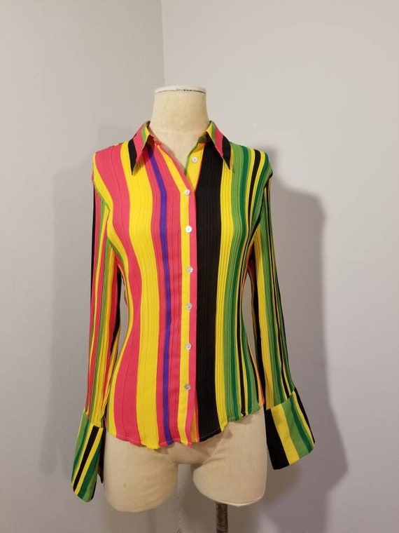 RAINBOW STRIPED BLOUSE // 90's Colorful Striped V… - image 1