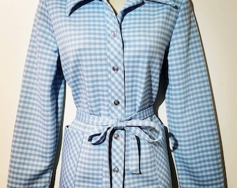 SUPER 70's HOUNDSTOOTH JACKET // Retro Button Down Shirt Pointy Collar Polyester Belted Blue White Size 34 M Unisex Brady Bunch