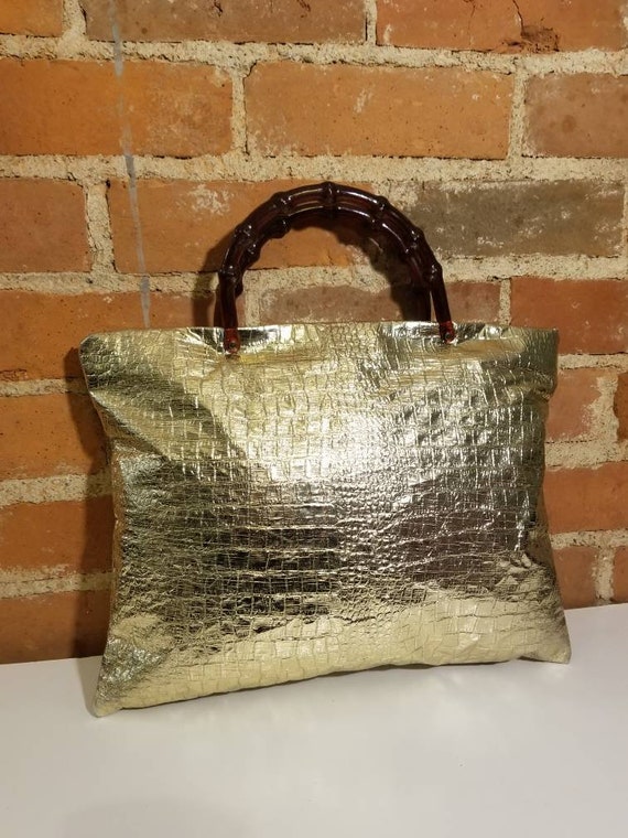 Buy VINTAGE GOLD PURSE // Dandy Metallic Moc Croc Foil Tote Bag