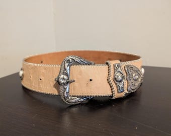 Cinturón STREETS AHEAD // Cinturón vintage de cuero marrón claro con tachuelas metálicas y perlas, estilo años 80, Santa Mónica, California, años 90, estilo punk rockstar, modelo Cinch