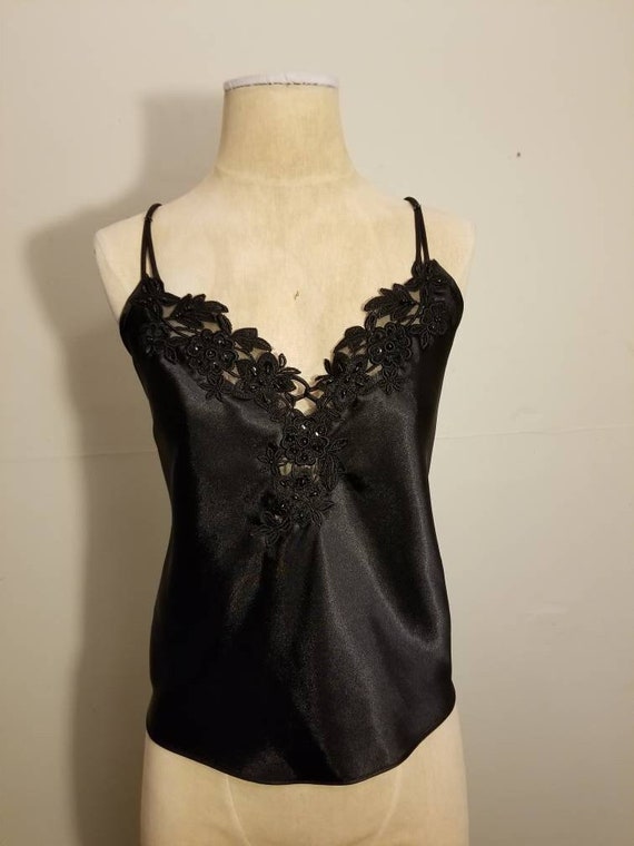 EXPRESSIONS by CALIFORNIA DYNASTY Cami // Vintage Floral Sequins Black Satin  Lingerie Tank Top Double Straps 80's Sexy Nightgown Size L 90's 