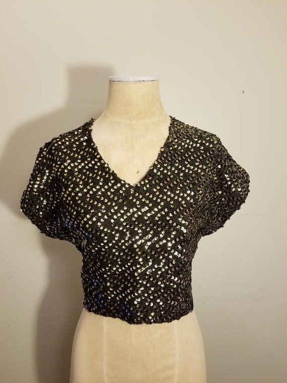 CHEVRON CROPPED SHIRT // Vintage Black Gold Sequin