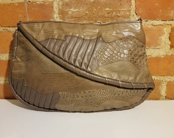 NOT FOR SALE // Patchwork Leather Clutch Brown Oversized Clutch Faux Snakeskin Reptile Moc Croc Purse 80's Disco Studio 54 Retro Columbia