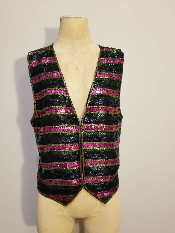 METALLIC SEQUIN VEST // Vintage 80's A J Silk Stri