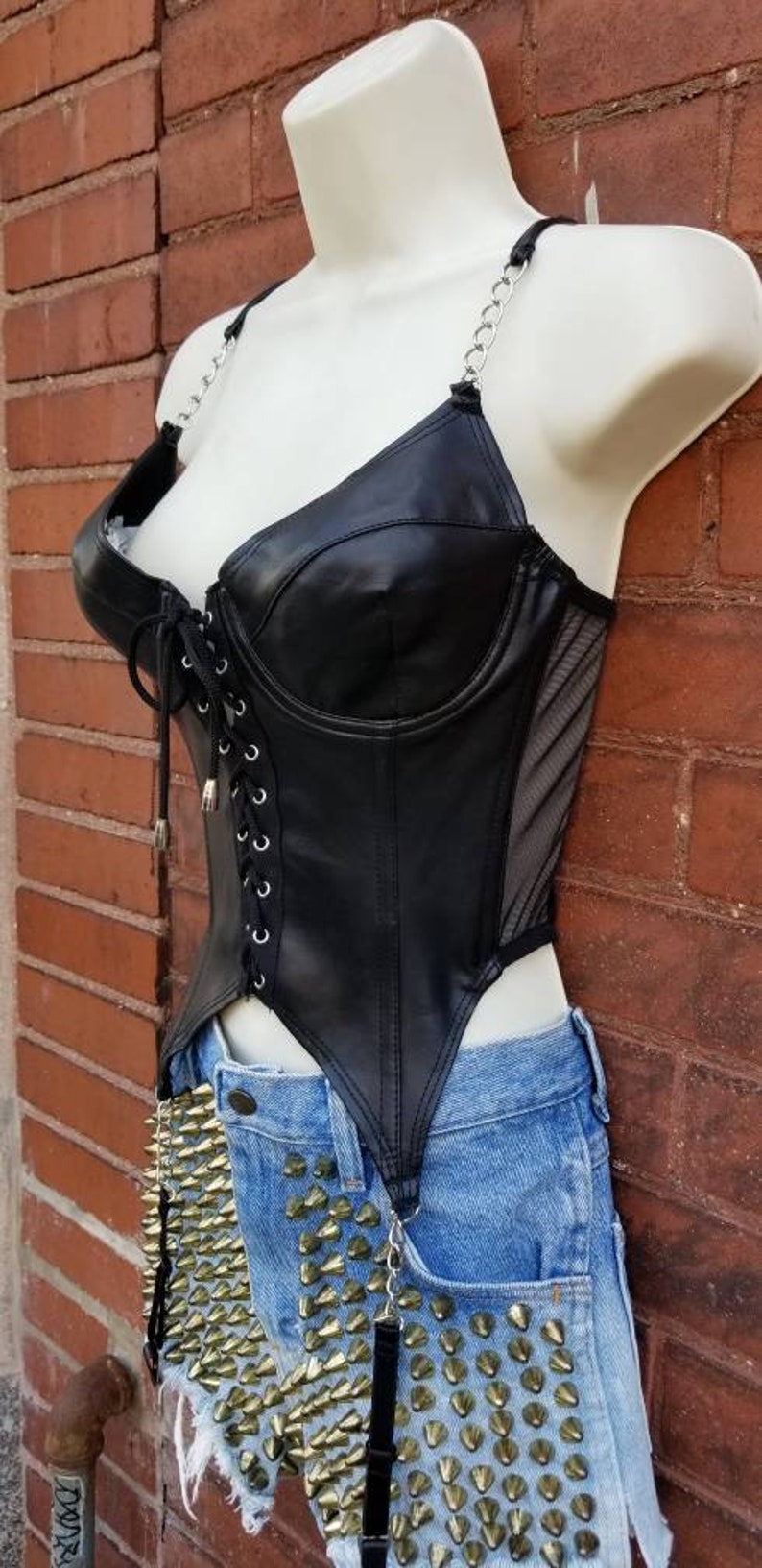 CHAIN LEATHER BODYSUIT Black Mesh Frederick/'s Of Hollywood S/&M Lace Up Underwire Bra Dancer Goth Witch Dominatrix Dancer 90/'s Garter Belt 36
