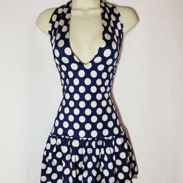 BILL BLASS SWIMSUIT // 80's Designer Navy Blue White Polka Dot One Piece Skirted Vacation Beach Pin Up Bombshell Hollywood Glamour Halter 14