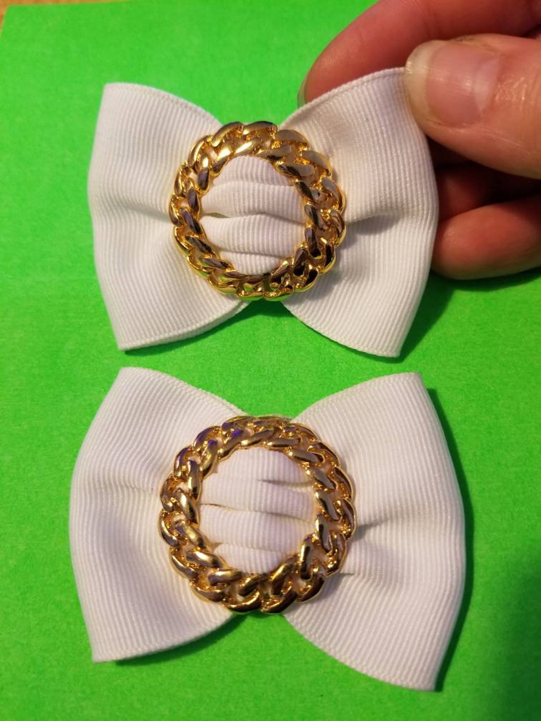 WHITE SHOE CLIPS / Vintage Bow Gold Chain Accents Clip on Accessories
