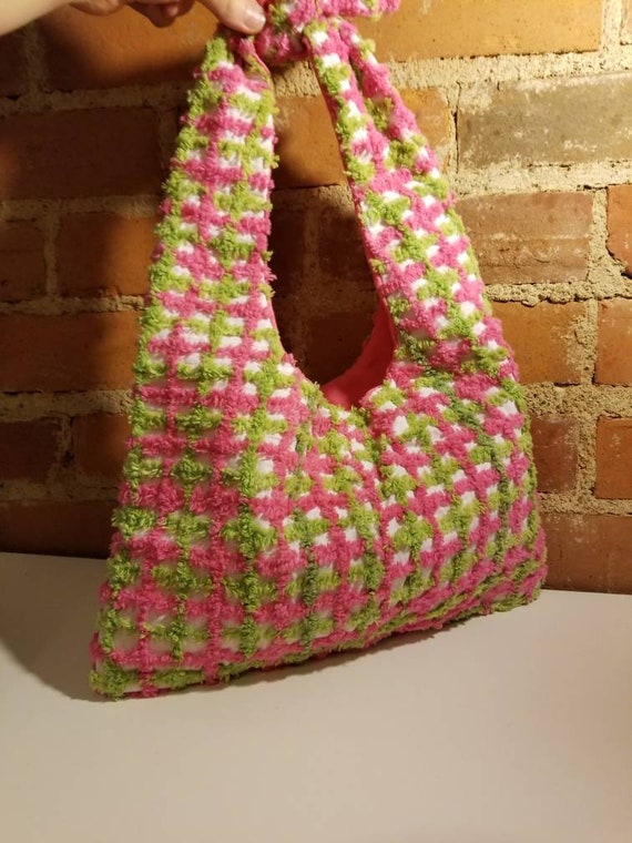 NEON SHAG PURSE // Hot Pink Neon Lime Green Check… - image 1
