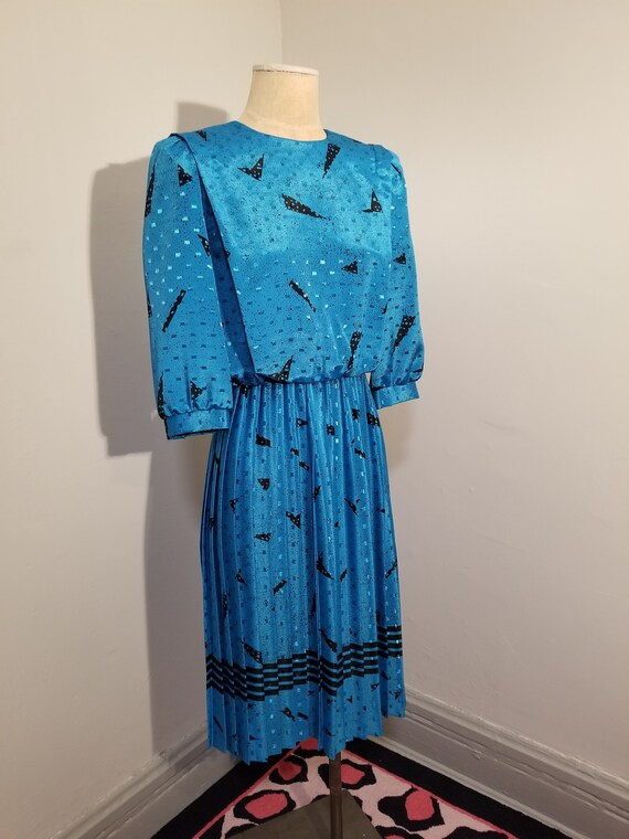 VINTAGE BLUE DRESS / 80's Geometric Print Shirtwa… - image 2