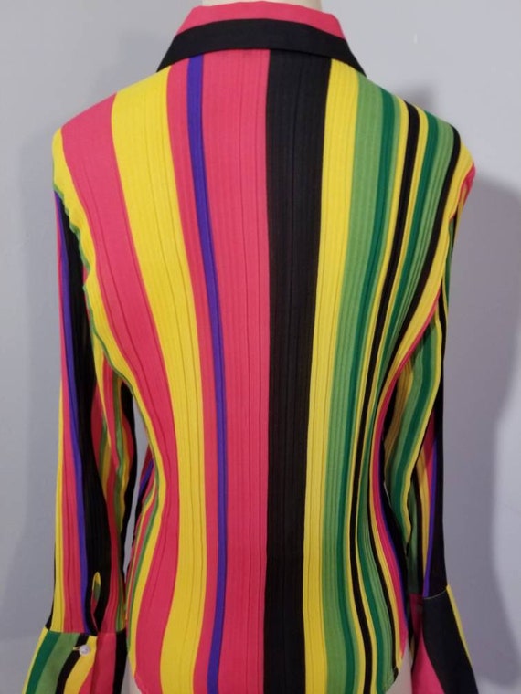 RAINBOW STRIPED BLOUSE // 90's Colorful Striped V… - image 9