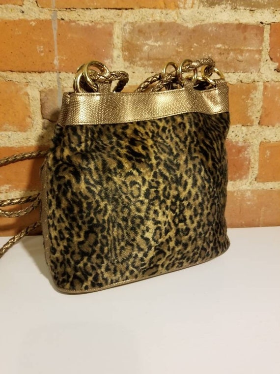 90 s LEOPARD CHEETAH PURSE Metallic Gouden Bronzen Faux Fur