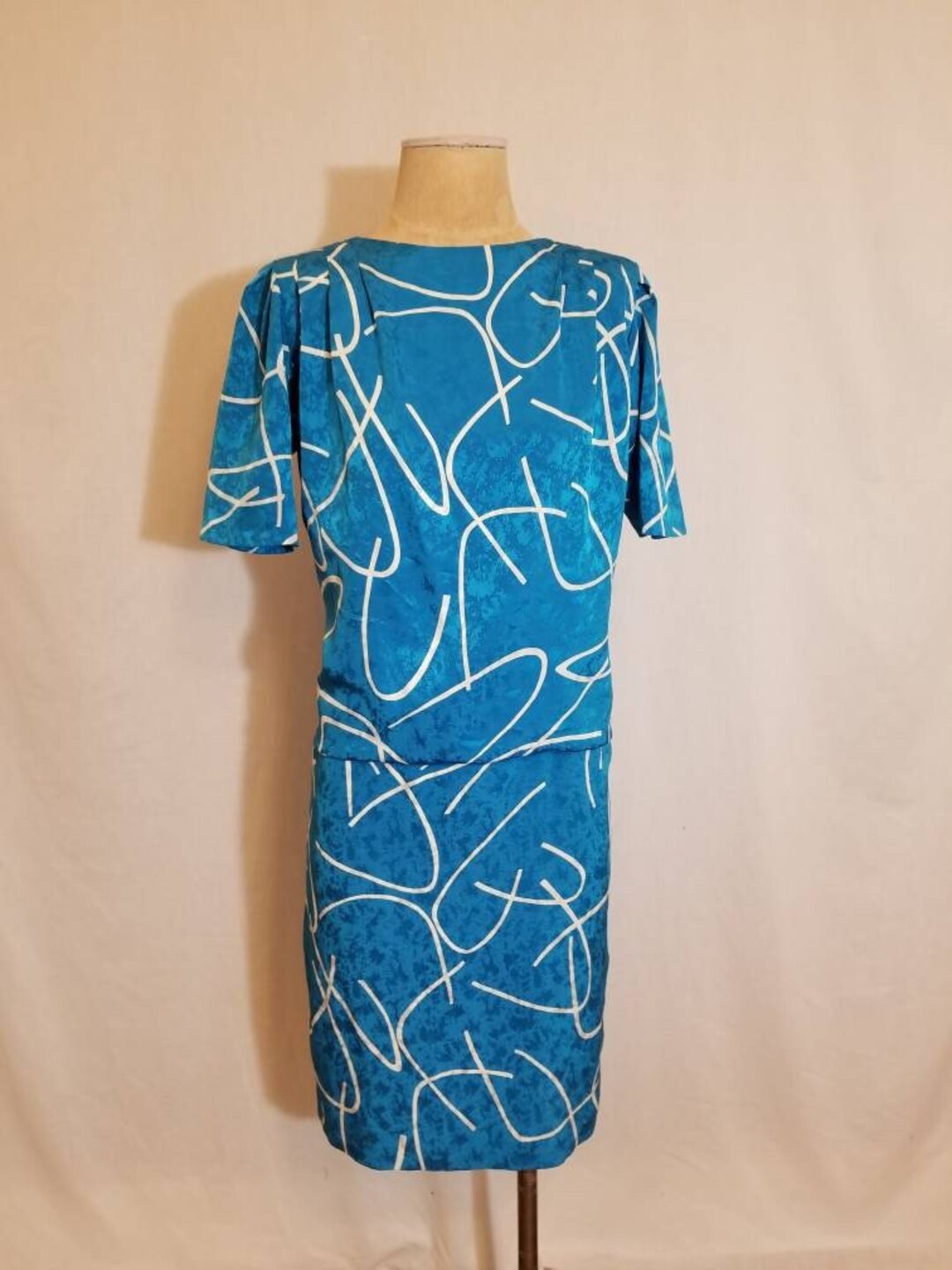 LIZ CLAIBORNE DRESS Vintage 80 s Bright Blue White Swirls Print