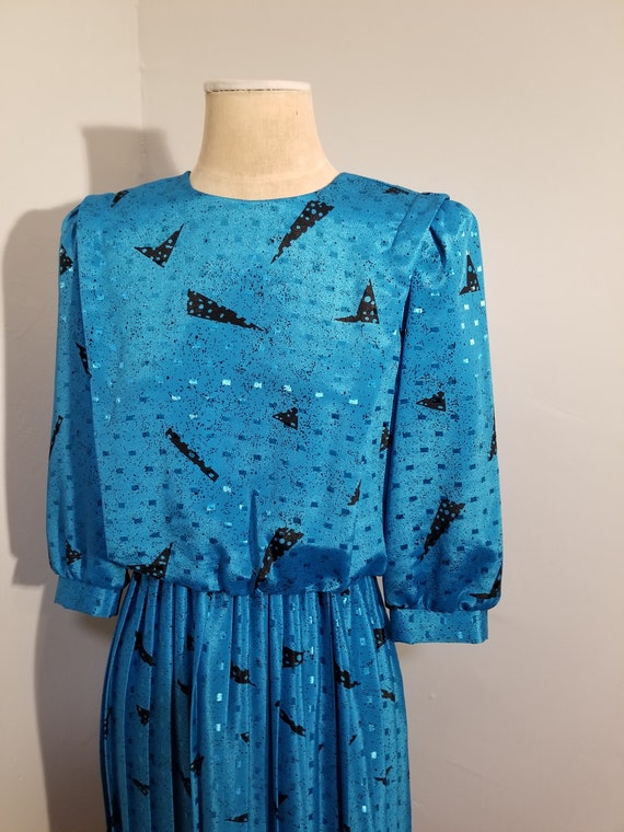 VINTAGE BLUE DRESS / 80's Geometric Print Shirtwa… - image 5