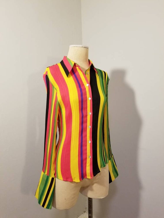 RAINBOW STRIPED BLOUSE // 90's Colorful Striped V… - image 5