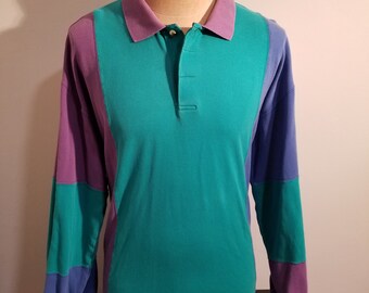 NOT FOR SALE / Vintage Tower Bay Shirt 90's Men's Long Sleeve Polo Shirt Striped Colorblock Teal Purple Blue Big & Tall Size 2xt High School