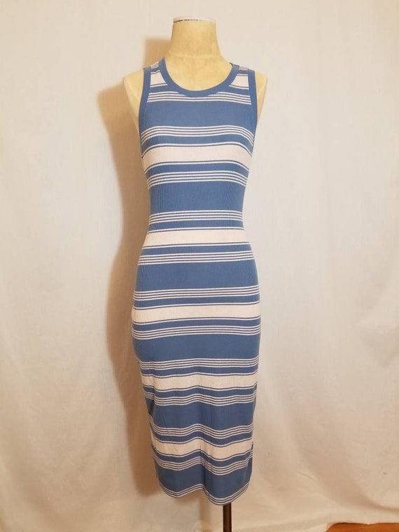 TheGirlSaidYes Blue Striped Dress // Vintage 90s Dusty Blue White Striped Ribbed Dress Size S/M Side Slit Skater Punk Y2k Vsco Preppy Tomboy Summer Sun Mod