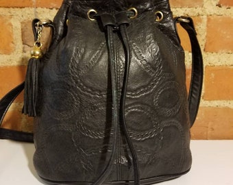 NOT FOR SALE //  Black Leather Drawstring Purse 80's Tooled Rope Design Bag Preppy Retro 90's Punk Goth Hipster 90210 Melrose Place Rocker