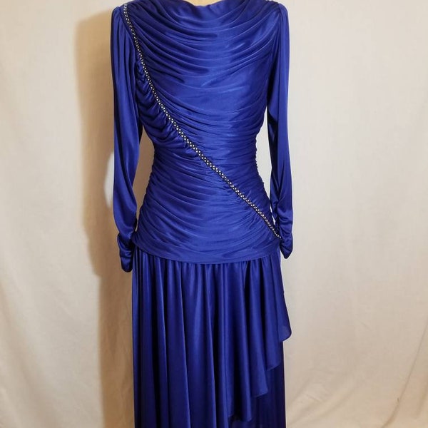DRAPED BLUE DRESS Vintage 80's Bright Royal Blue  Rhinestone Dress Sapphire Size M Prom Dancer Party Girl Disco Club Wear Long Sleeves 90's