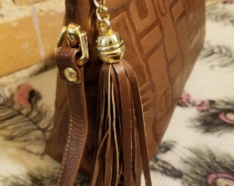NOT FOR SALE// Due Fratelli Purse 90's Brown Embossed Leather Geometric  Square Design Tassel Bag Preppy Yuppie Retro 2000's Canada Gold