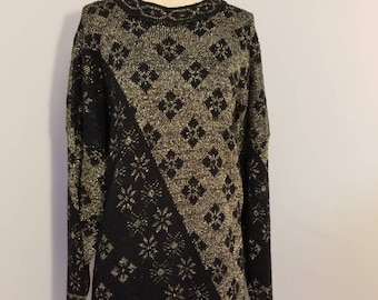 TRIMMINGS OVERSIZED SWEATER 80s Vintage Metallic Lurex Gold Black Snowflake Holiday Christmas Winter Sparkly Cozy Comfortable Plus Size 22 W