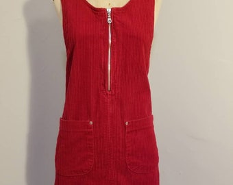 CORDUROY JUMPER DRESS // Vintage 90's Red Zipper Zip Up Dress Sleeveless Pockets Size M Comfy Fall Winter Hipster Preppy Skoozi Cottage Core